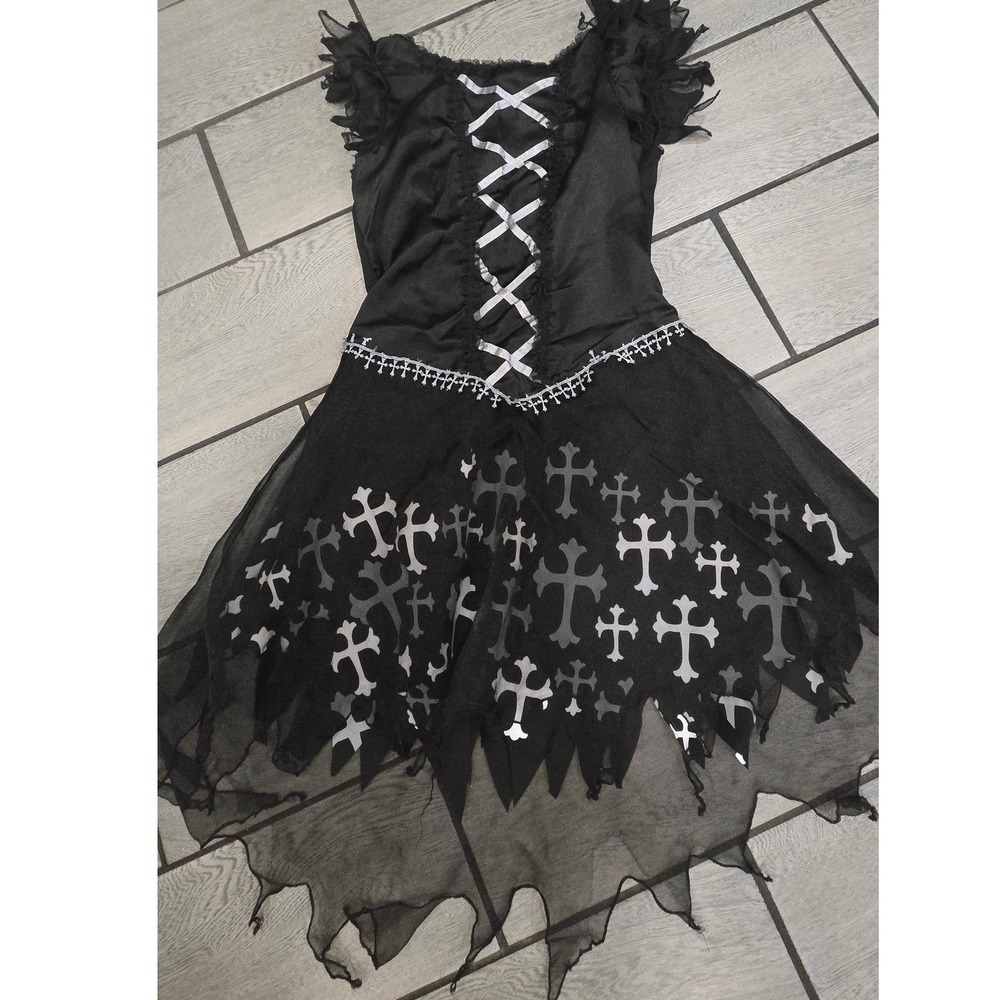 Gothic Black Cross Print Corset Style Handkerchief Hem Dress Costume